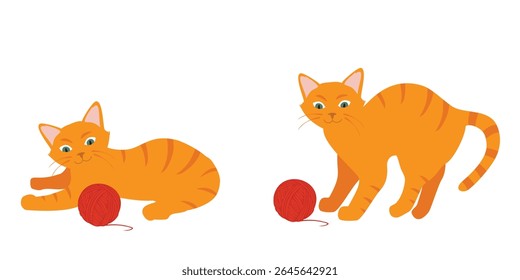 Gatinhos de gengibre engraçados e brincalhões em várias poses jogando com bolas de fio. Gatos fofos lindos. Adorável laranja tabby gatos se divertindo com corda e brinquedos. Isolado sobre fundo branco