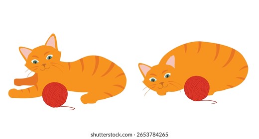 Gatinhos de gengibre engraçados e brincalhões em várias poses jogando com bolas de fio. Gatos fofos lindos. Adorável laranja tabby gatos se divertindo com corda e brinquedos. Ilustração vetorial. Isolado no plano de fundo