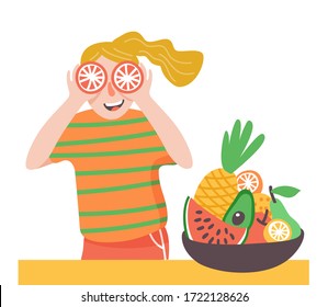 Funny playful girl with orange fruit.Woman holds halves of citrus in her eyes. In basket watermelon, orange, apple, pear, pineapple, avocado, orange. Healthy eating concept. Vector illustration