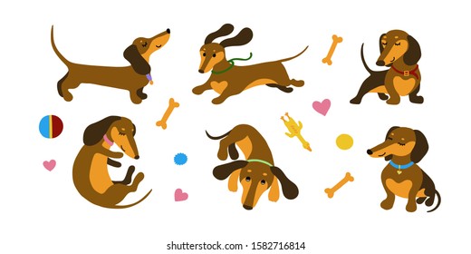 Funny playful hand drawn dachshunds dog set isolated on white background. Vector illustration.