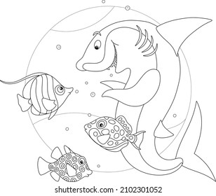 Funny and playful shark playing with merry tropical fishes in warm waters of an exotic coral reef, black and white outline vector cartoon illustration for a coloring book page