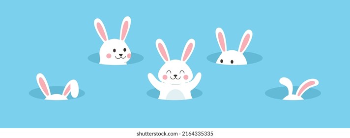 Graciosos conejos blancos juguetones escondidos en agujeros de estilo plano, ilustración vectorial aislada en fondo azul. Cebollos sonrientes, orejas saltadas, ramas adorables