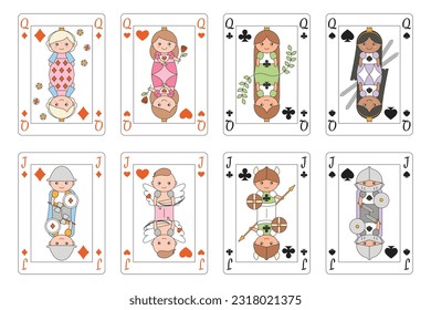 Funny playing cards, set of Queens and Jacks: diamonds, hearts, clubs, spades