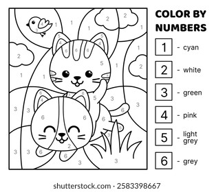 Funny playing kittens. Black and white. Color by number. Coloring page. Game for kids. Isolated vector illustration eps 10