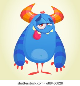 Funny pleased blue cartoon monster. Blue vector alien character with pleased expression. Children book illustration. Halloween design