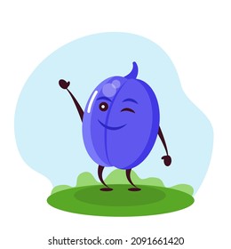 Carácter gracioso de ciruela. Ilustración vectorial al estilo de las caricaturas para niños.