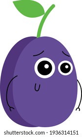 Funny plum illustration with face and hands, has crazy eyesight and smile.