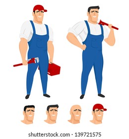 Funny plumber mascot in different poses.  No transparency, no gradient mesh.