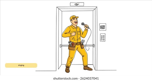 Funny plumber singing in the elevator continuous single line art drawing sketch on white background