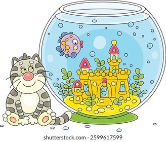 Funny plump cat closely watching a tropical fish swimming in a home fishbowl with a toy castle, vector cartoon illustration isolated on a white background