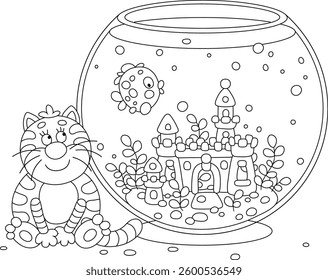 Funny plump cat closely watching a tropical fish swimming in a home fishbowl with a toy castle, black and white outline vector cartoon illustration for a coloring book page