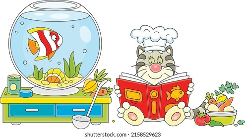 Funny plump cat with a cook hat reading a cookbook and going to prepare a tasty soup with vegetables and a tropical fish swimming in a round home aquarium, vector cartoon illustration
