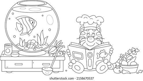 Funny plump cat with a cook hat reading a cookbook and going to prepare a tasty soup with vegetables and a tropical fish swimming in a round home aquarium, vector cartoon illustration