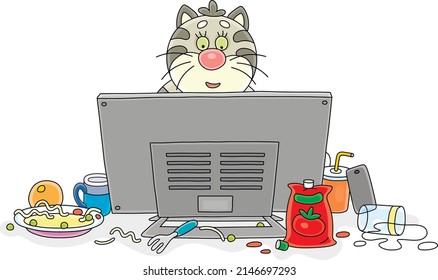 Funny plump cat gamer playing a very interesting computer game and intently looking at a monitor among a mess on its desktop, vector cartoon illustration on a white background