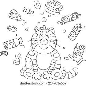 Funny plump cat glutton friendly smiling and dreaming of various tasty things, black and white vector cartoon illustration for a coloring book page