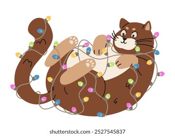 Funny plump cat laying on back and playing with Christmas garland flat vector illustration isolated on white. Cute cat wrapped in garland.