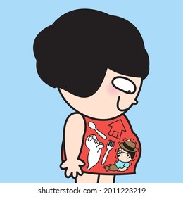 Funny Plump Girl With Many Stuff In Her Big Belly Concept Card Character illustration