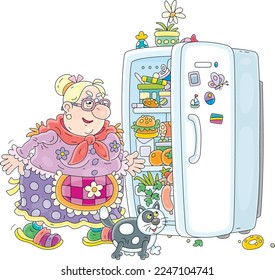 Funny plump housewife and her merry chubby cat peeking into a kitchen fridge full of tasty things to have a bite to eat, vector cartoon illustration isolated on a white background