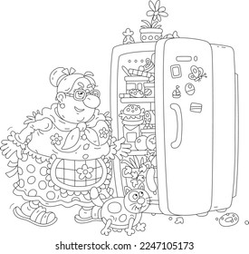 Funny plump housewife and her merry chubby cat peeking into a kitchen fridge full of tasty things to have a bite to eat, black and white outline vector cartoon illustration