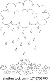 Funny plump rain cloud with dripping raindrops pouring mushrooms on a forest glade on a rainy summer day, black and white vector cartoon illustration for a coloring book page