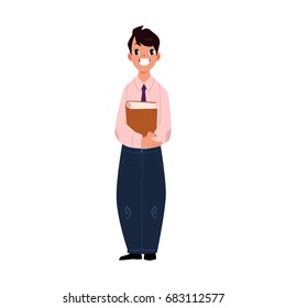 Funny plump student, pupil, boy in school uniform holding a book, cartoon vector illustration isolated on white background. School boy, schoolboy, student, pupil in uniform, full length portrait