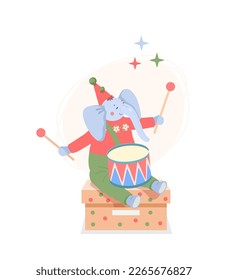 Funny plush blue baby elephant in party hat with pom-poms sits on gift box with polka dots and drums on drum with drumsticks. Vector children's illustration in flat style.