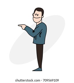 Funny pointing person cartoon hand drawn image. Original colorful artwork, comic childish style drawing.