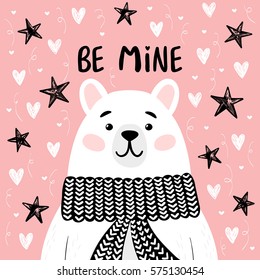 Funny polar bear and "Be mine" inscription. Pink background with hearts and stars. Valentine's day greeting cards. Vector illustration.