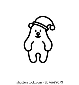 Oso polar divertido en el icono de la delgada línea del sombrero de Navidad. Ilustración vectorial moderna.