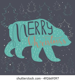 Funny polar bear with hand drawn lettering, quote Merry Christmas on snowy background. Cute  illustration for card, poster, t-shirt design, banner or home decor element. Vector typography.