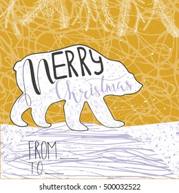 Funny polar bear with hand drawn lettering, quote Merry Christmas on snowy background. Cute  illustration for card, poster, t-shirt design, banner or home decor element. Vector typography.