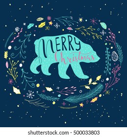 Funny polar bear with hand drawn lettering, quote Merry Christmas on snowy background. Cute  illustration for card, poster, t-shirt design, banner or home decor element. Vector typography.