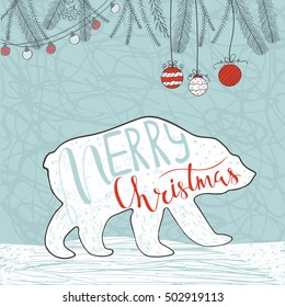 Funny polar bear with hand drawn lettering, quote Merry Christmas on snowy background. Cute  illustration for card, poster, t-shirt design, banner or home decor element. Vector typography.