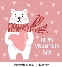 Funny polar bear with heart. Happy Valentine's day card. Vector illustration.