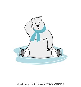 Funny polar bear learning to skate. Character sitting on ice scratches his head in surprise