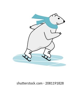 Funny polar bear learning to skate. Character smiling and skating fast on ice