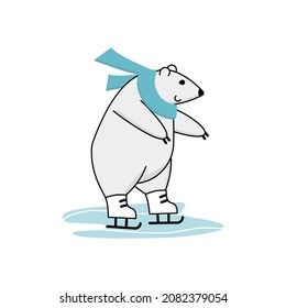 Funny polar bear learning to skate. Characters first steps on racing skates on ice