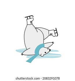 Funny polar bear learning to skate. Character fell and turned upside down