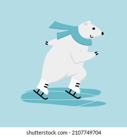 Funny polar bear learning to skate. Character smiling and skating fast on ice