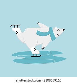 Funny polar bear learning to skate. Character glides on one leg figure skating