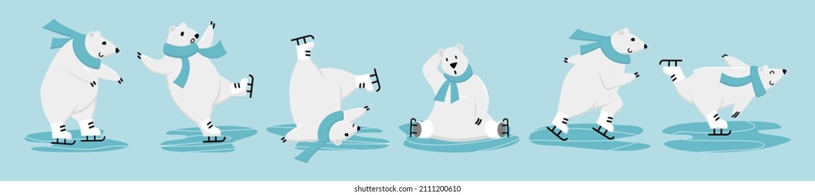 Funny polar bear learning to skate. From first steps to fast figure gliding. Vector cartoon clipart.