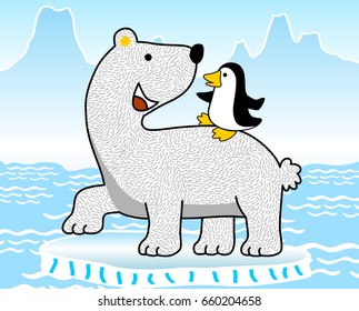 Funny polar bear with little penguin on ice chunk, vector cartoon illustration