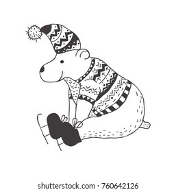 Funny polar bear. Nursery art. Minimalist scandinavian style. Character for kids card, print for t-shirt and more. Winter season.