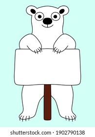 Funny polar bear with poster on blue background stock vector illustration. Happy International Polar Bear Day with empty space for your text. Cartoon hand drawn wildlife polar bear for ecology and zoo