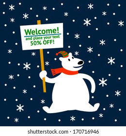 Funny polar bear with poster. Place your own text!