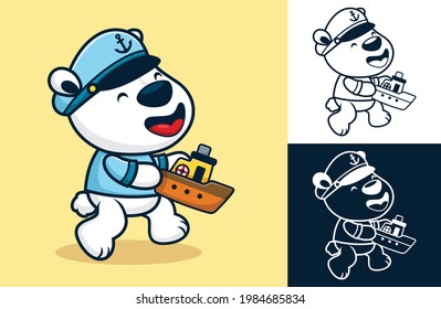 Der sonnige Eisbär trägt Sailor-Tracht, während er ein kleines Boot hält. Vektorgrafik-Illustration im Stil einer flachen Symbolfigur