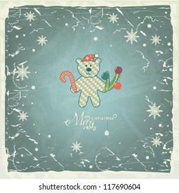 Funny Polar Bear in santa hat on vintage background, Christmas card