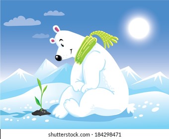 Funny polar bear sitting on the snow, near the green sprout in sunny day in spring.