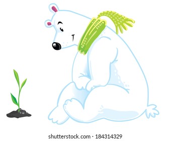 Funny polar bear sitting on the snow, near the green sprout.