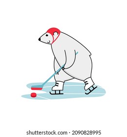 Funny polar bear skating with hockey stick and puck . Cartoon character in helmet throws the puck